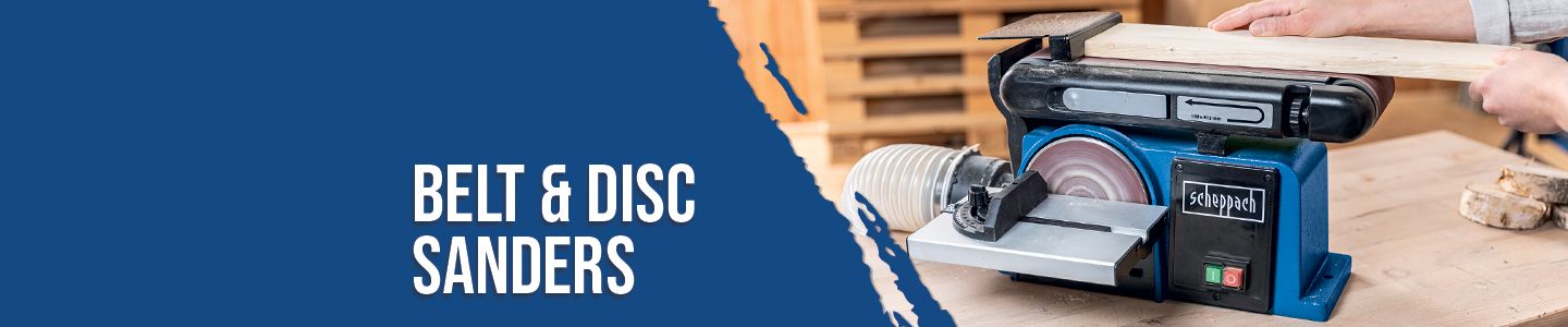 Scheppach belt and disc sander in use. A workpiece is being processed on the machine.