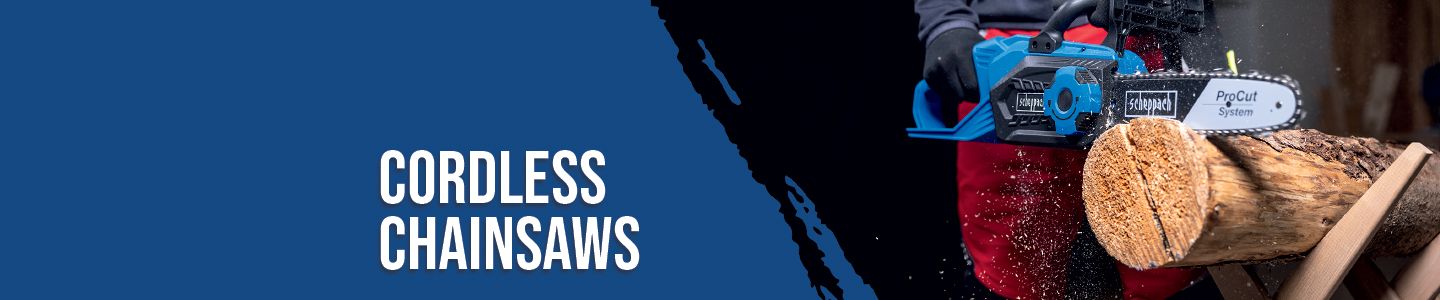 A Scheppach cordless chainsaw in use, cutting a piece of wood on a wooden block. The saw is part of the V18.07 series.