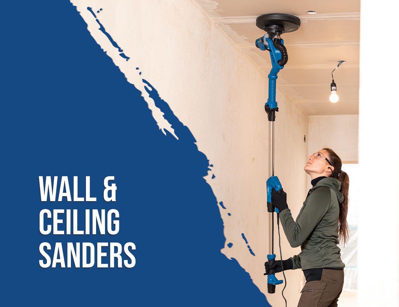 A person is using a wall and ceiling sander from Scheppach. The sander is in use on a ceiling.