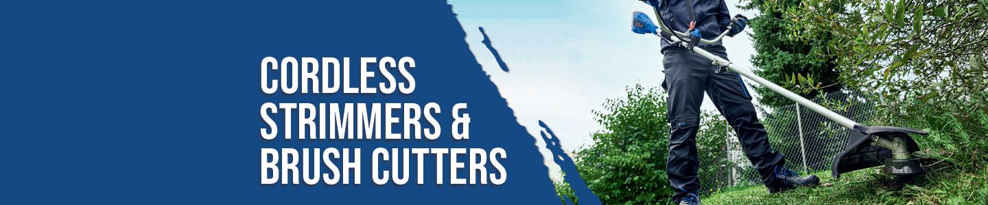 A man operating a cordless strimmer outdoors. Scheppach shop for cordless strimmers and brush cutters.