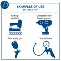 Examples of common applications for Scheppach compressor tools, including illustrations of stapling, spraying, and pneumatic systems