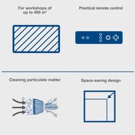 Air purifier with remote control for workshops up to 400 m², space-saving design and particulate matter cleaning
