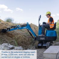 Compact excavator with a maximum digging reach of 2,330 mm for slope and incline work