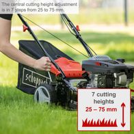 Scheppach petrol lawnmower with 7 height settings ranging from 25 to 75 mm