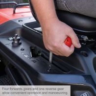 Key feature illustration: Four forward and one reverse gears for convenient operation and maneuverability on ride-on lawnmower.