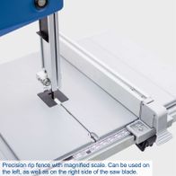 Precision rip guide with magnified scale for bandsaw, usable on left and right side of blade