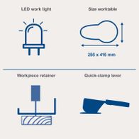 Diagram showing LED work light, workbench (255 x 415 mm), workpiece retainer, and quick-clamp lever for scroll saw