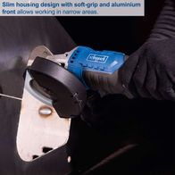 The Scheppach Cordless Angle Grinder C-AG125-X features a slim housing design with a soft grip and aluminium front, allowing work in narrow areas.