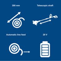 Cordless strimmer with 300 mm cutting width, 3 m line length, 270 mm height adjustment, including 2x 2Ah batteries and charger – automatic line feed and telescopic cutting head