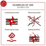 Examples of typical uses: loosening soil, removing weeds, preparing for seed, adding fertiliser