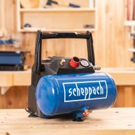 Scheppach oil-free air compressor with 6-litre tank, 8 bar capacity, accessory kit and hose