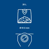 Key specs: 20-litre capacity, 61.5 mm diameter for precise applications
