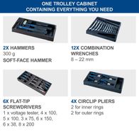 Tool trolley containing: 2 hammers, 12 combination wrenches, 6 flat-tip screwdrivers, 4 circlip pliers, featuring soft-face hammer and wrenches (8–22 mm)