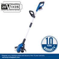 Scheppach cordless strimmer featuring a 10-year warranty with included batteries and charger