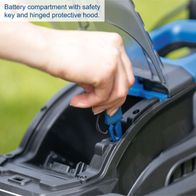 Battery compartment with safety key and removable protective hood for Scheppach lawnmower
