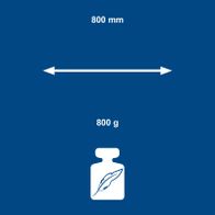 Key technical data sheet showing a measuring tool with 800 mm length and 800 g weight