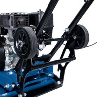 Scheppach compacting plate with petrol engine and base frame, showing engine and drive wheels detail