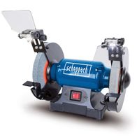 Scheppach double bench grinder with integrated lights and spark guard for accurate grinding