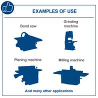 Examples of machine tools including band saws, planing machines, milling machines, grinders, and saws