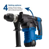 Scheppach electric hammer drill showing adjustable settings for drilling, hammer drilling, and chiselling (with/without chisel attachment)