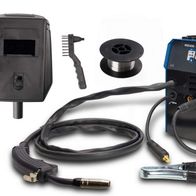 Scheppach WSE4000 Multi welding machine set with accessories: protective cover, electrode holder, wire spools, and tool cables