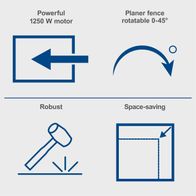 Key features of Scheppach’s planer/thicknesser: powerful 1250 W motor, adjustable plane fence (0–45°), robust and space-saving design