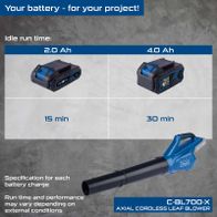 C-BL700-X cordless leaf blower showing runtime differences between 2.0 Ah and 4.0 Ah batteries in SET L