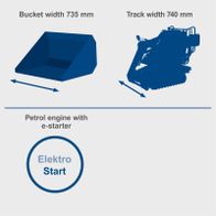 Scheppach compact loader featuring electric start, bucket width 735 mm, track width 740 mm, petrol engine with e-start