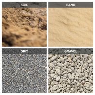 Visual comparison of soil types: soil, sand, grit and gravel with distinct particle textures