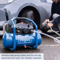 Vibration-damped rubber feet for stable placement and quiet, low-vibration operation of a Scheppach tool
