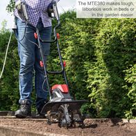 Scheppach electric tiller MTE380 in use for easier gardening tasks