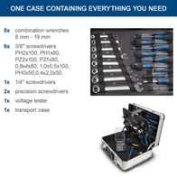 Tool kit featuring 8 combination wrenches (8–19 mm), 6 screwdrivers (3/8" and precision), 1/4" screwdriver, voltage tester, and transport case for the TB150 Scheppach toolbox.