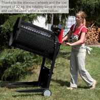 Lightweight rotating soil sieve with 32 kg weight, equipped with wheels for mobility