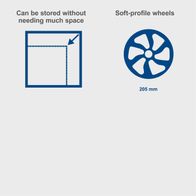 Compact storage design with soft-profile wheels (205 mm diameter)