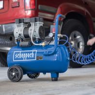 Scheppach air compressor featuring 24L tank, 162 L/min intake capacity, oil-free, 1100W, 8 bar pressure