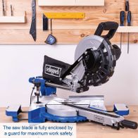 The 10" Sliding Mitre Saw HM254 by Scheppach. The saw blade is fully enclosed by a guard for maximum work safety.