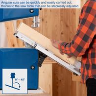 Adjustable table for angled cuts on a bandsaw, ranging from 0° to 45°