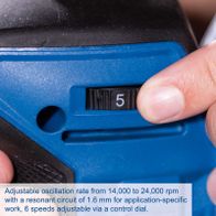 Cordless orbital sander with adjustable oscillation speed ranging from 14,000 to 24,000 rpm and a resonant circuit for precise work