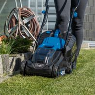Scheppach battery-powered lawnmower BC-MP320-X with mulching system, close-up
