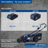 Scheppach cordless lawnmower BC-MP430-X with 43 cm cutting width, featuring 2x 4Ah batteries and dual charger; runtime specifications for battery packs