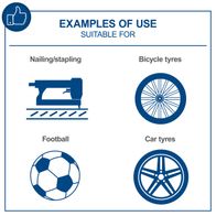 Examples of typical uses: nailing/stapling, bicycle tyres, football, car tyres