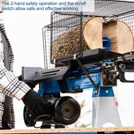 Log splitter with dual-hand operation and on/off switch for safe and effective use, featuring a wood ejection chute and safety mechanism