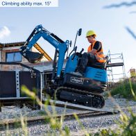 Mini excavator with 15° incline capability for accurate tasks