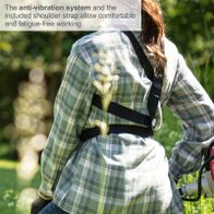 Anti-vibration system with shoulder strap for comfortable carrying of garden tools