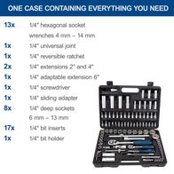 TB94 Scheppach DIY tool kit featuring 13 hexagonal sockets, 8 deep sockets, 17 bit inserts, extensions, and adapters for 1/4-inch tools