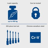 Workshop trolley with a 450 kg load capacity, lockable, 263-piece tool set featuring chrome-vanadium steel tools