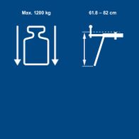 Key technical details: Maximum load capacity of 1200 kg, height adjustment range from 61.8 to 82 cm