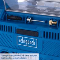 Storage compartment for valve adapters including ball needle and conical adapter