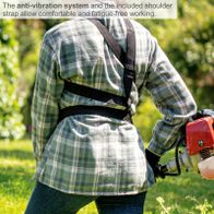 Person wearing anti-vibration gear and shoulder strap holding a Scheppach multi-tool