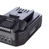 Scheppach battery BP2.0A-Li20V (DIY) shown from the side. The battery has a black surface with a ventilation grid and two LED indicators.